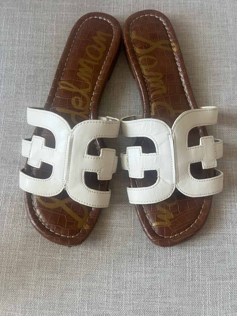 Sam Edelman white leather sandals, women’s 9, logo slip on casual dressy
